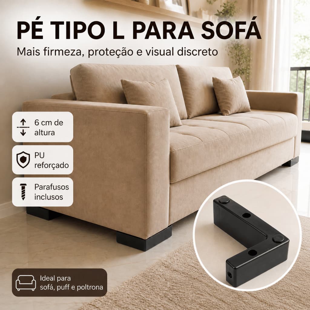 Pé De Sofá Em L Cantoneira Plástico Reforçado Para Puff E Poltrona
