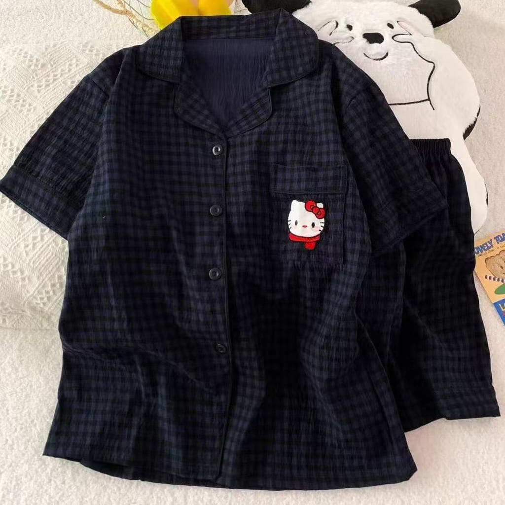 Hello Kitty Xadrez Preto Colud Pijama De Algodão Macio Pijamas Para Mulher Tiros De Manga Curta