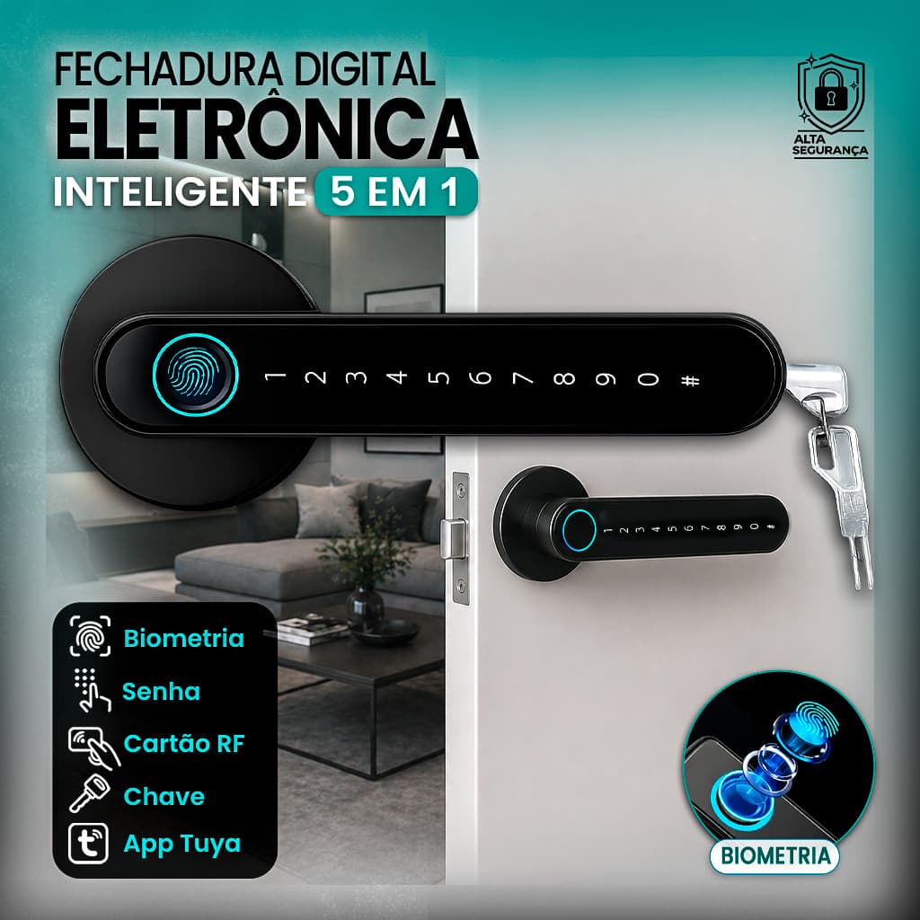 Fechadura Digital Biometria Senha Cartão Rf Chave E App Tuya Controle pelo Celular Inteligente