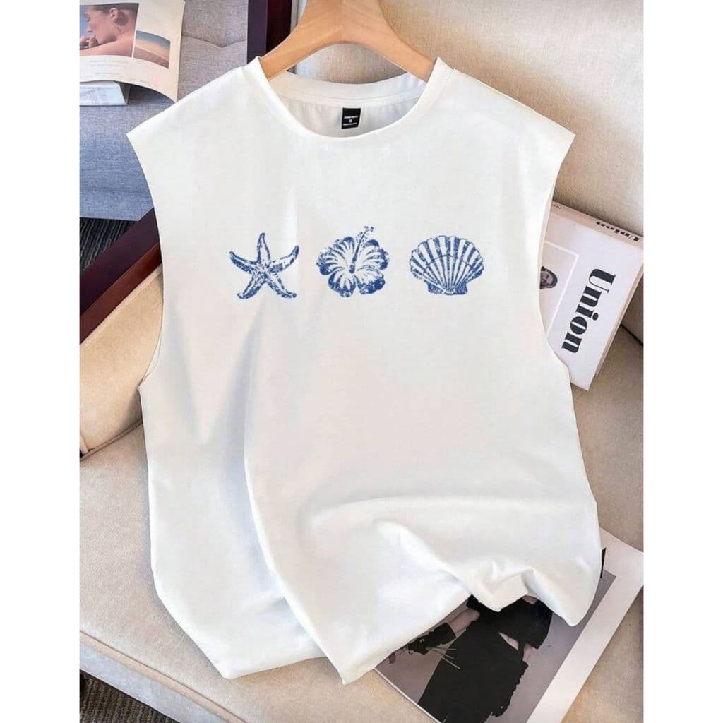 POLAR BEAR Regata Overzide Casual Básica Algodão Estampada Concha Unissex