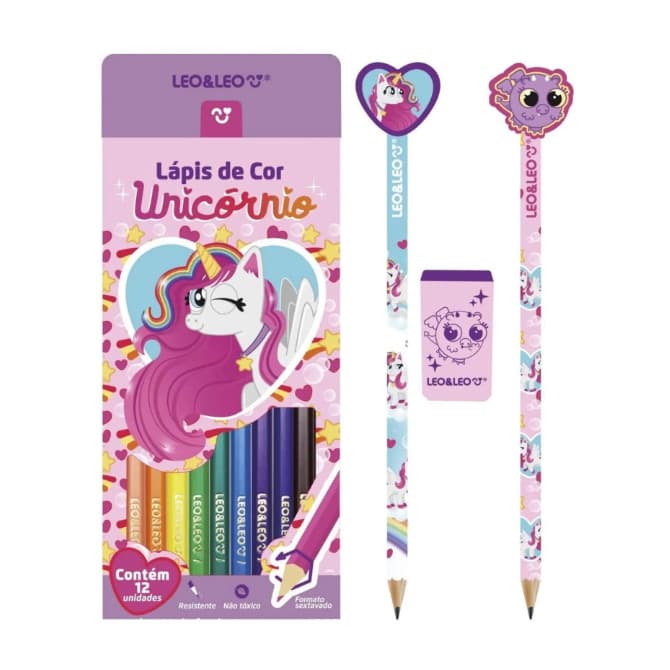 KIT SLIM LAPIS DE COR 12 CORES / 2 LAPIS HB COM BORRACHA NA PONTA / APONTADOR UNICORNIO - LEO E LEO