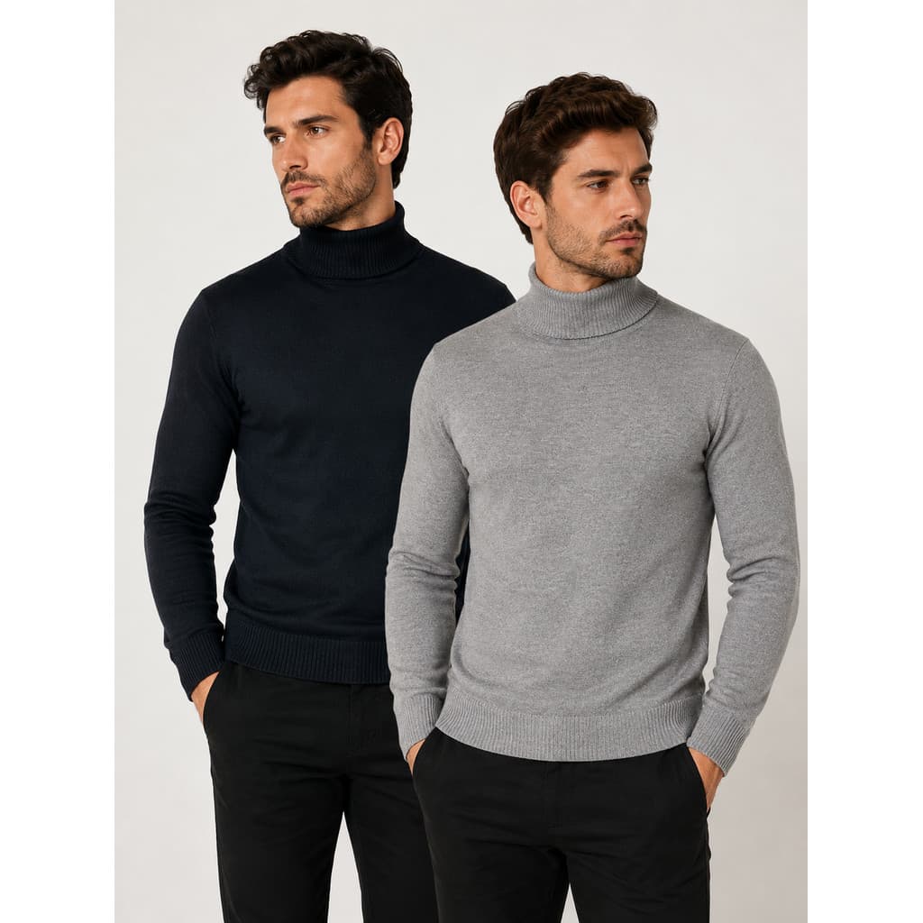 Kit 2 Cacharrel Blusa Trico Sueter Lã Masculina Canelada Gola Alta