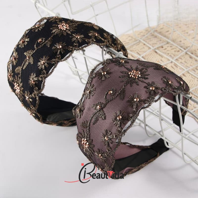 JENNIFERDZ1 Faixa De Cacheça De Borda Larga Temperamento Moda Renda Feminina Retro Flor headwear