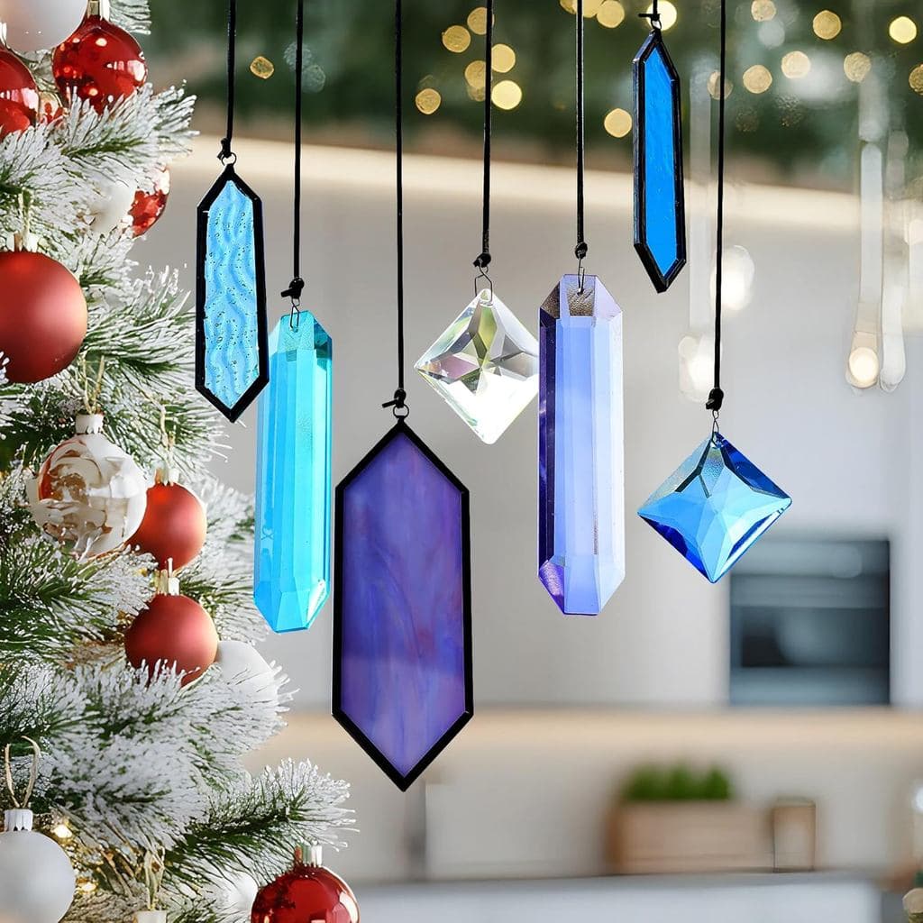 Conjunto de 7 Enfeites de Vidro Colorido em Forma de Gelo para Árvore de Natal, Cristais Prismáticos Pendentes para Jane