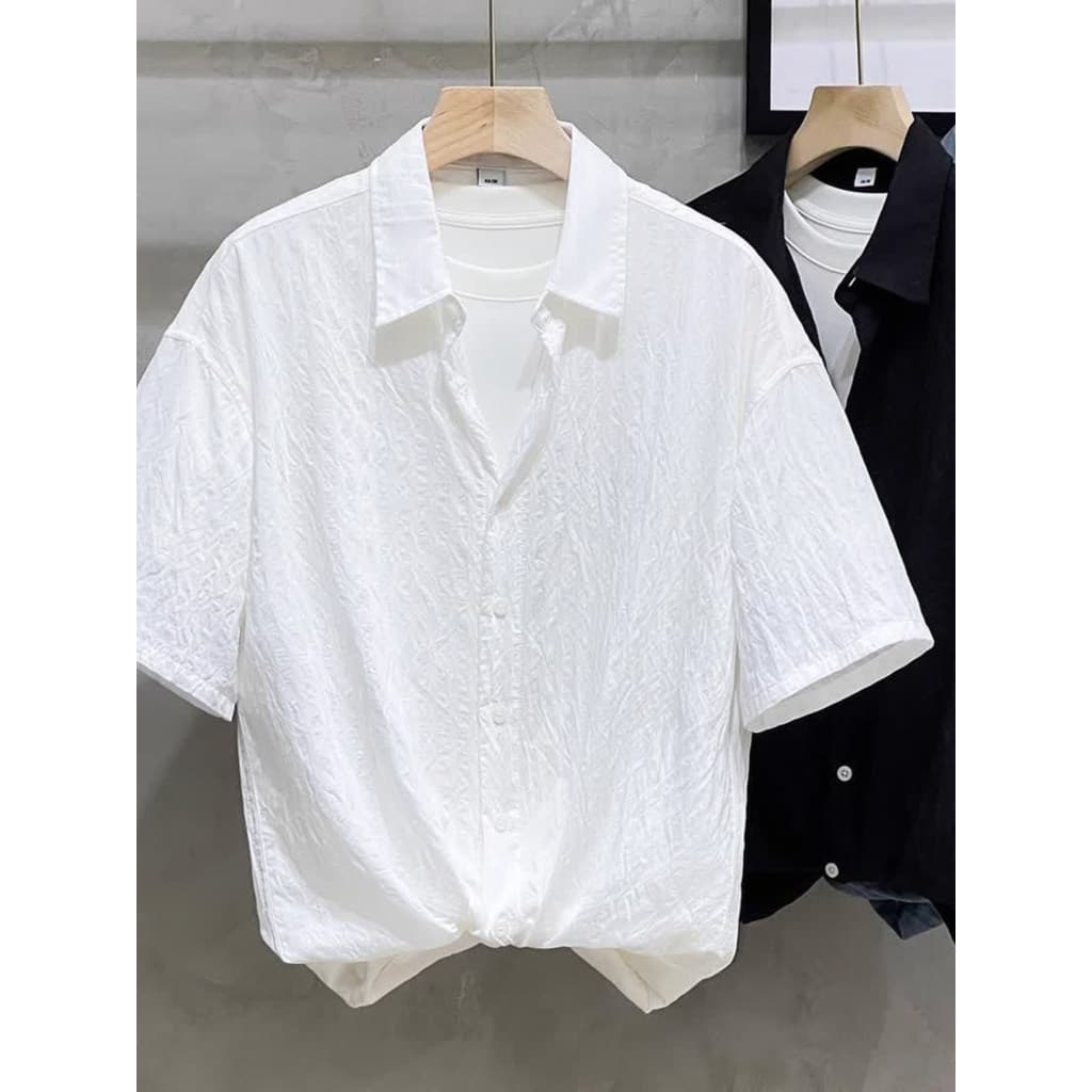 Seersucker listras exclusivas de seda gelo camisa de manga curta masculina textura de verão japonês na moda juventude pr