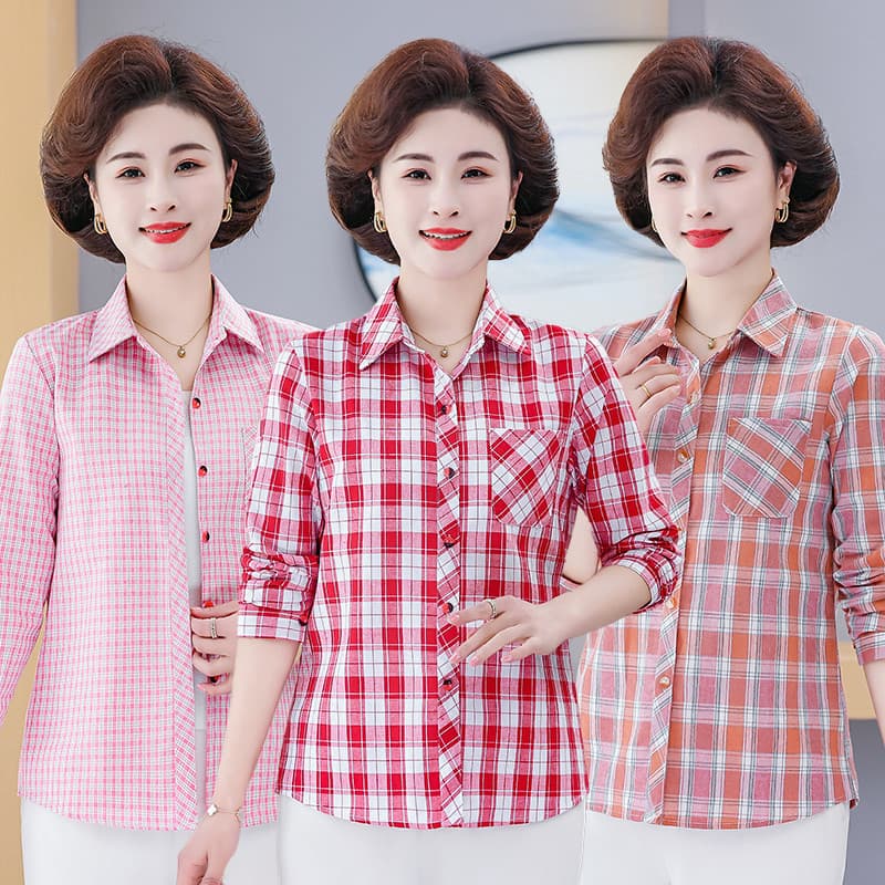 Mãe camisa de algodão puro meia-idade idosos primavera outono camisa xadrez de manga comprida feminina verão de meia-ida