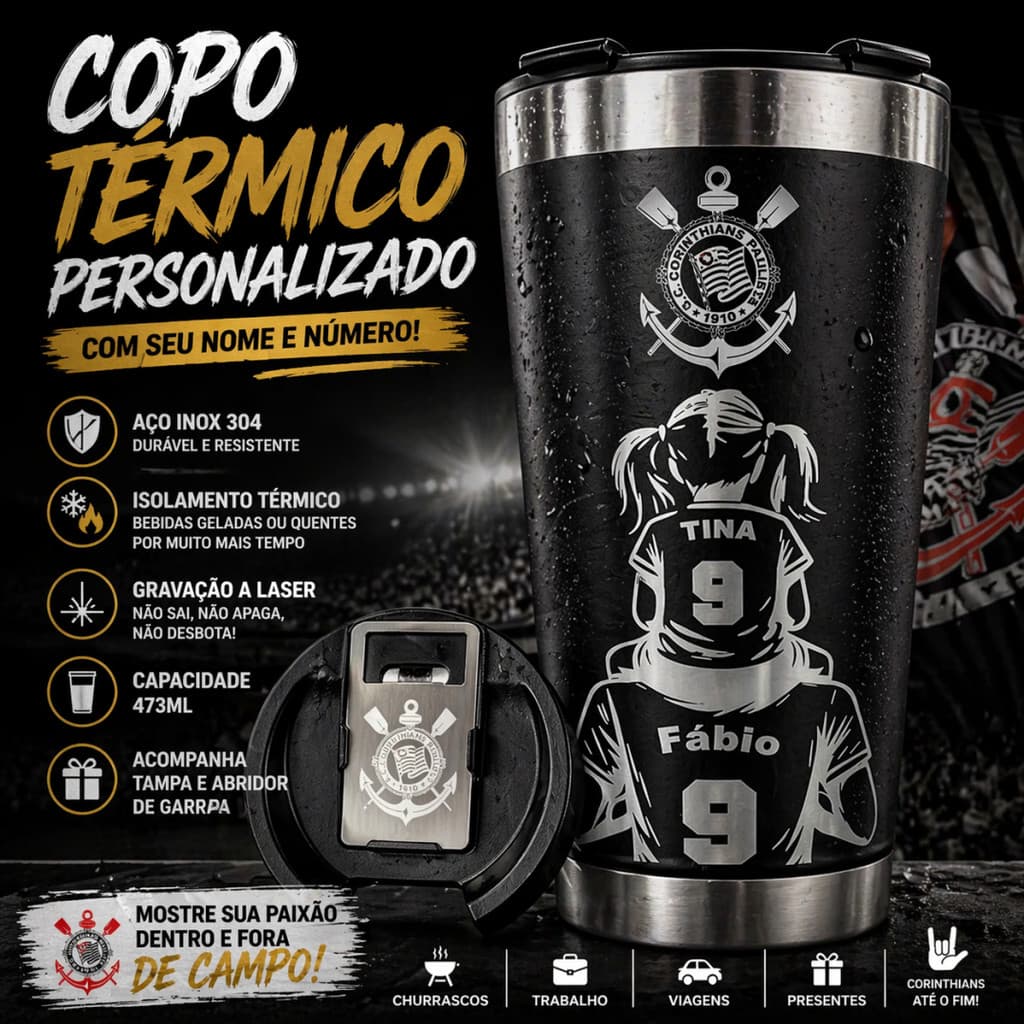 Copo Térmico 473ml Premium Personalizado Corinthias Pai E Filho Preto e nome