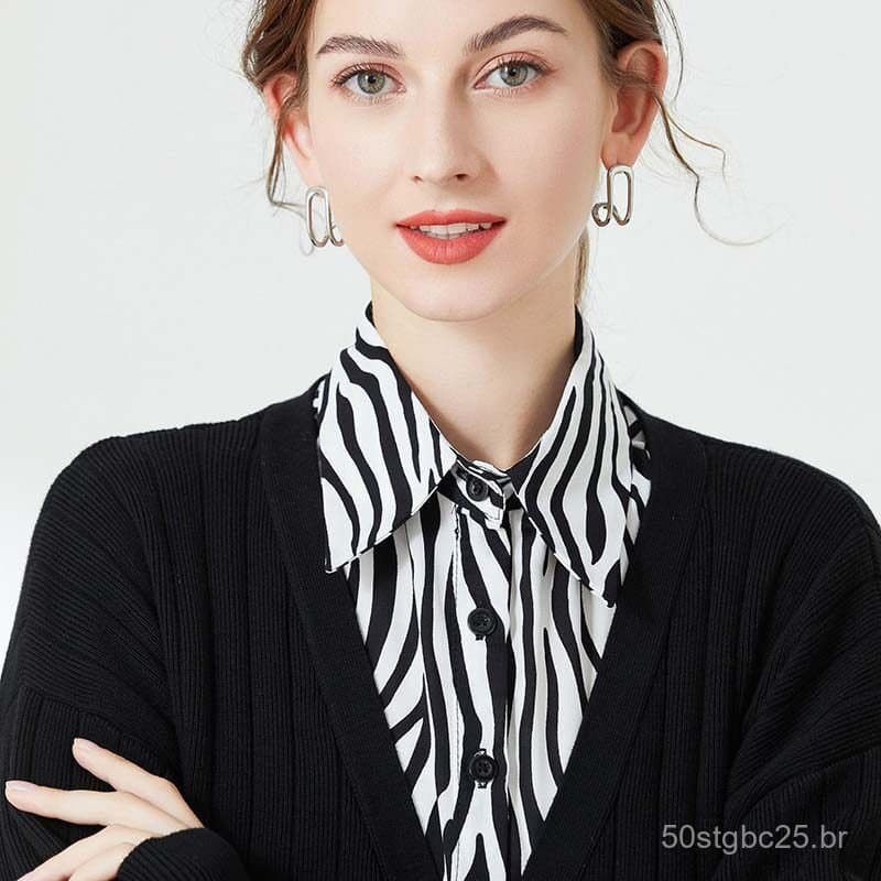 Gola falsa com estampa de zebra para mulheres, versátil e elegante, adequada para primavera, outono e inverno, camisa de