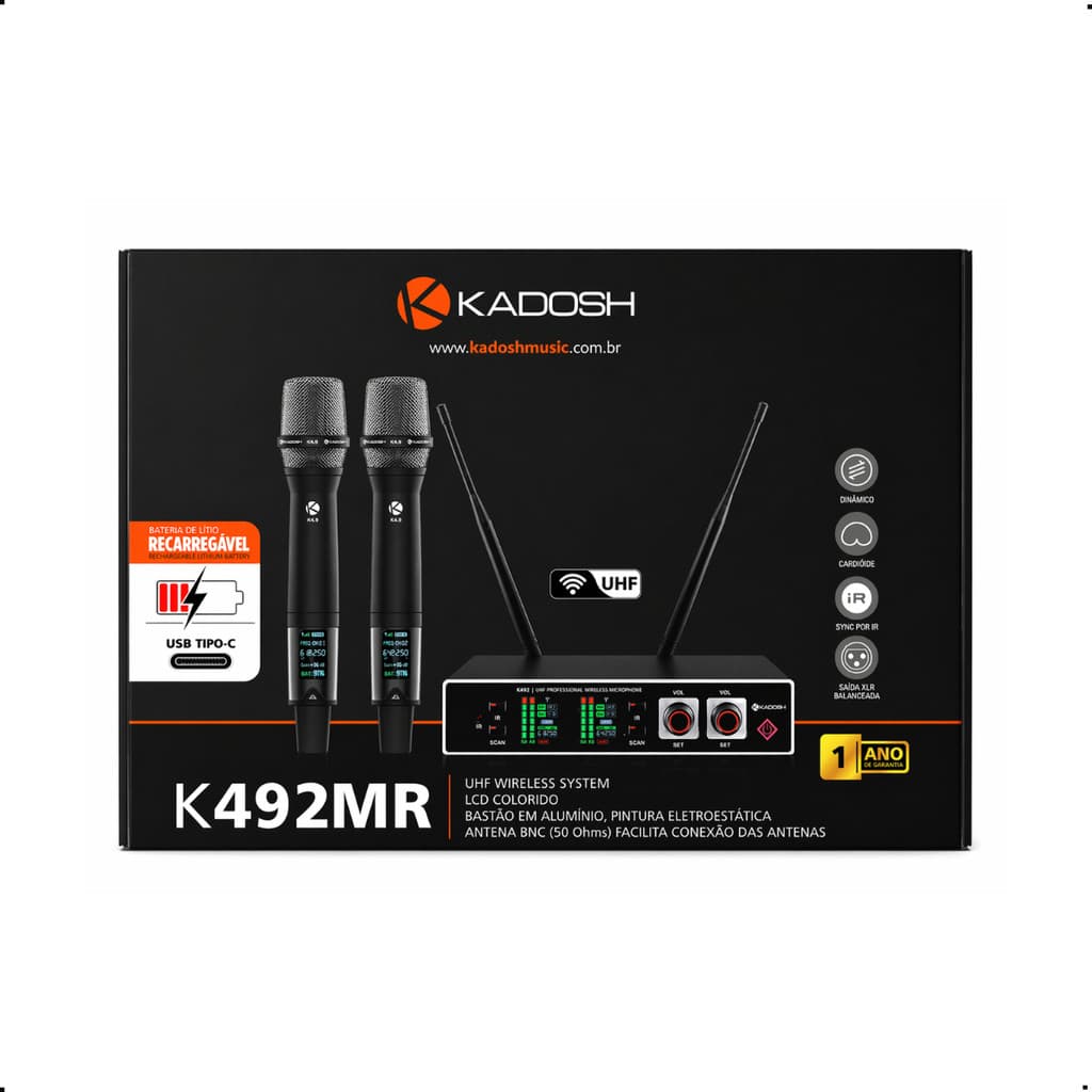 Microfone Kadosh Sem Fio Pilhas Recarregáveis Dinâmico Cardióide UHF K-492M