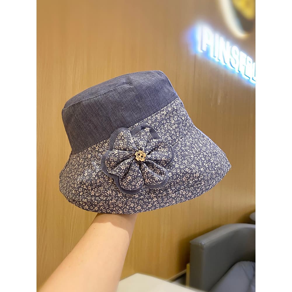Chapéu feminino Retro flor balde chapéu pequeno rosto dobrável chapéu de sol versão coreana viagem All-Match pote chapéu