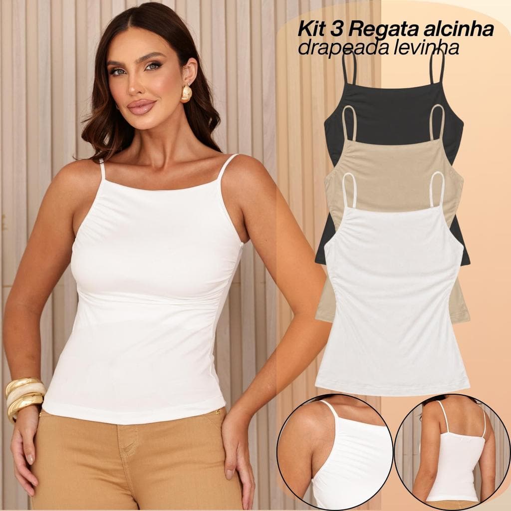 Kit 3 Blusas Regata Feminina Drapeada Alcinha Malha Fresca Moda Verão