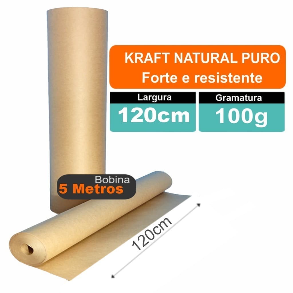 Papel Kraft Puro Pardo Bobina 100g x 120cm Largura Rolo com 5 Metros