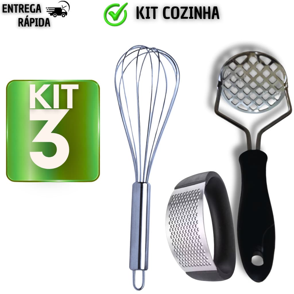 Cozinha 3 Peças Amassador Batata Alho e Fouet Inox Completo Resistente para Casa Cozinha Restaurante Buffet