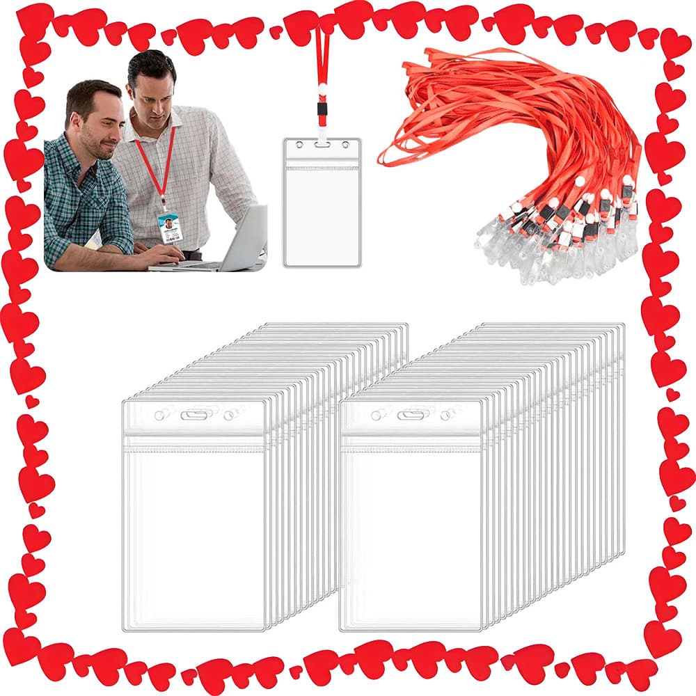 50 Pçs Porta-Crachá Verticais, Porta-Cartões de Trabalho e 50 Pçs Cordão Vermelho, Porta Crachá Cartão Transparente