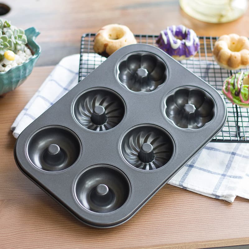 Molde de cozimento de aço carbono antiaderente 6 peças em forma de flor Donut oco bolo molde Multi-Connect pequeno pão a