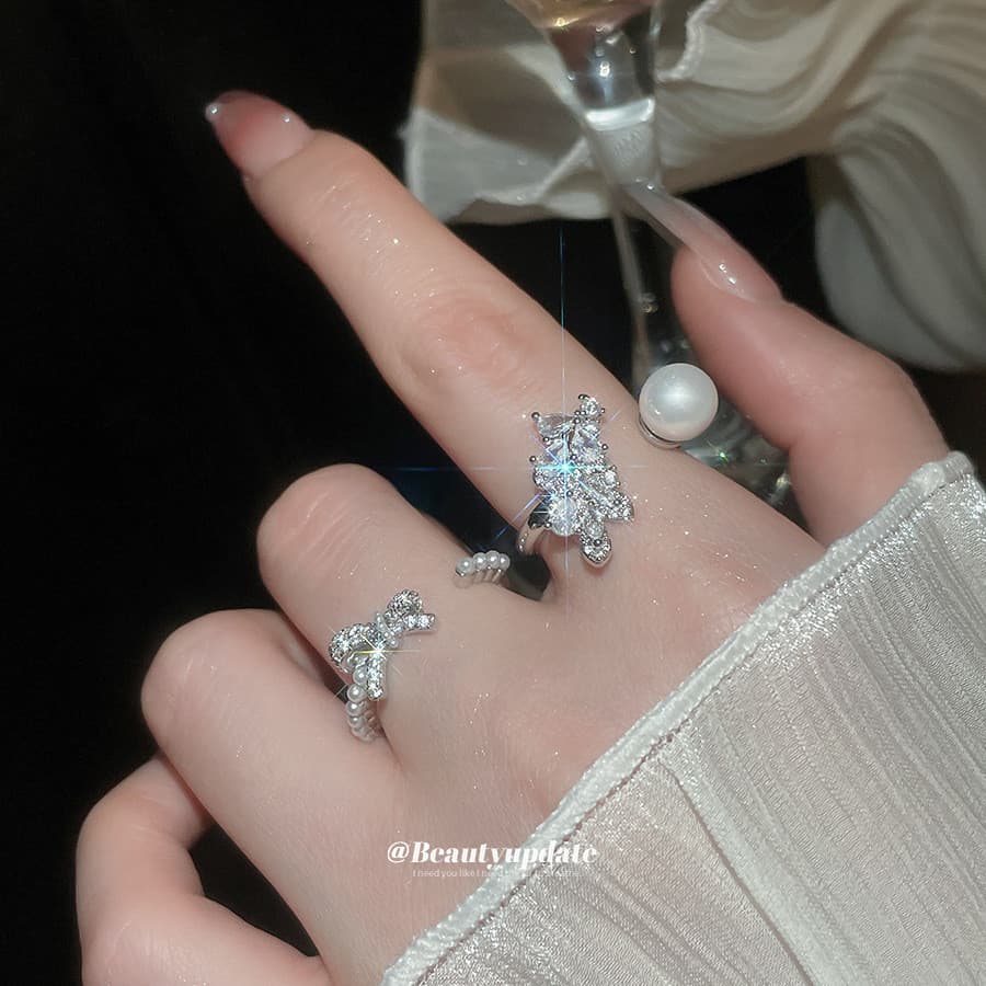 Zircão arco pérola anel aberto luz luxo nicho temperamento índice dedo anel moda High-End All-Match pulseira feminina