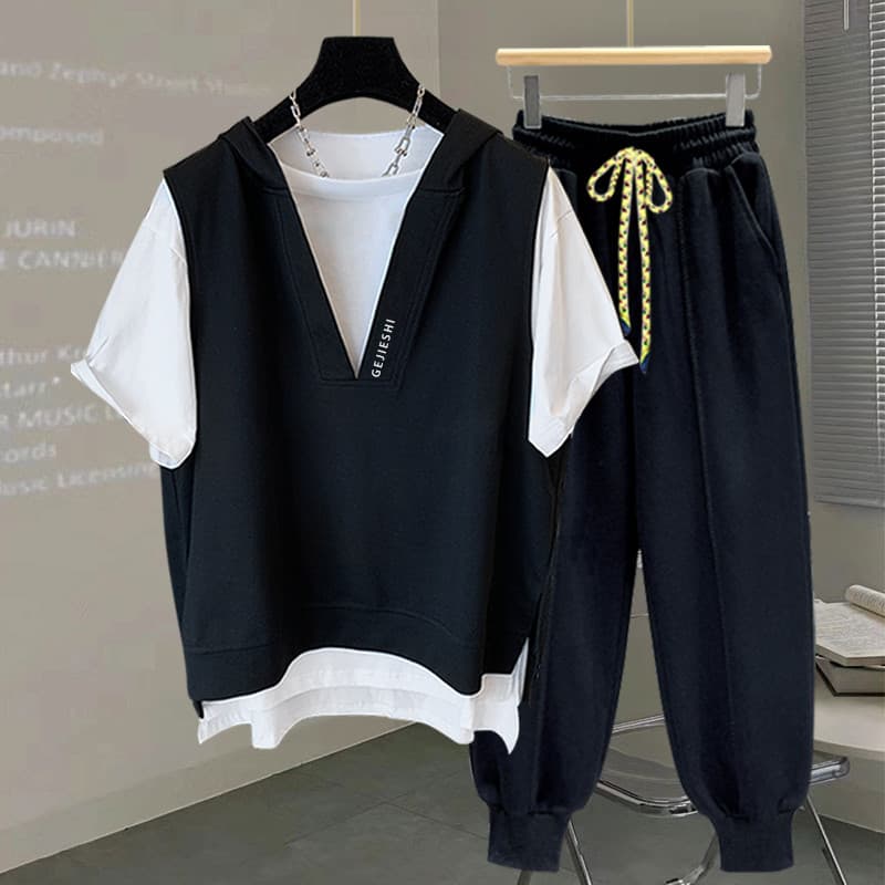 Street Wear com capuz de manga curta camiseta terno masculino ins versão coreana na moda carta solta bordado meia manga