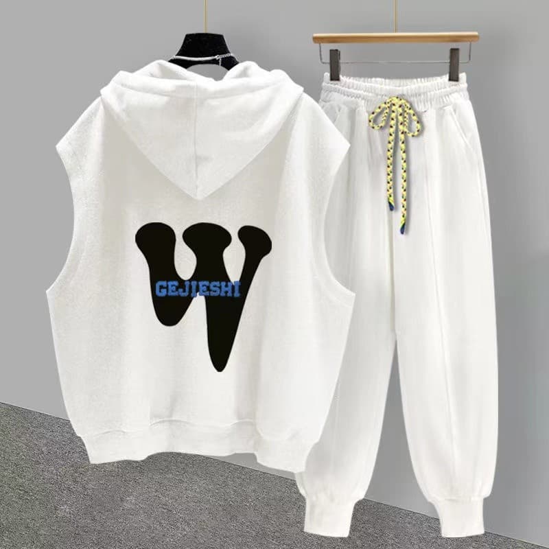 Street Wear com capuz sem mangas camiseta terno masculino verão ins na moda carta impressão bordado Casual esportes cole