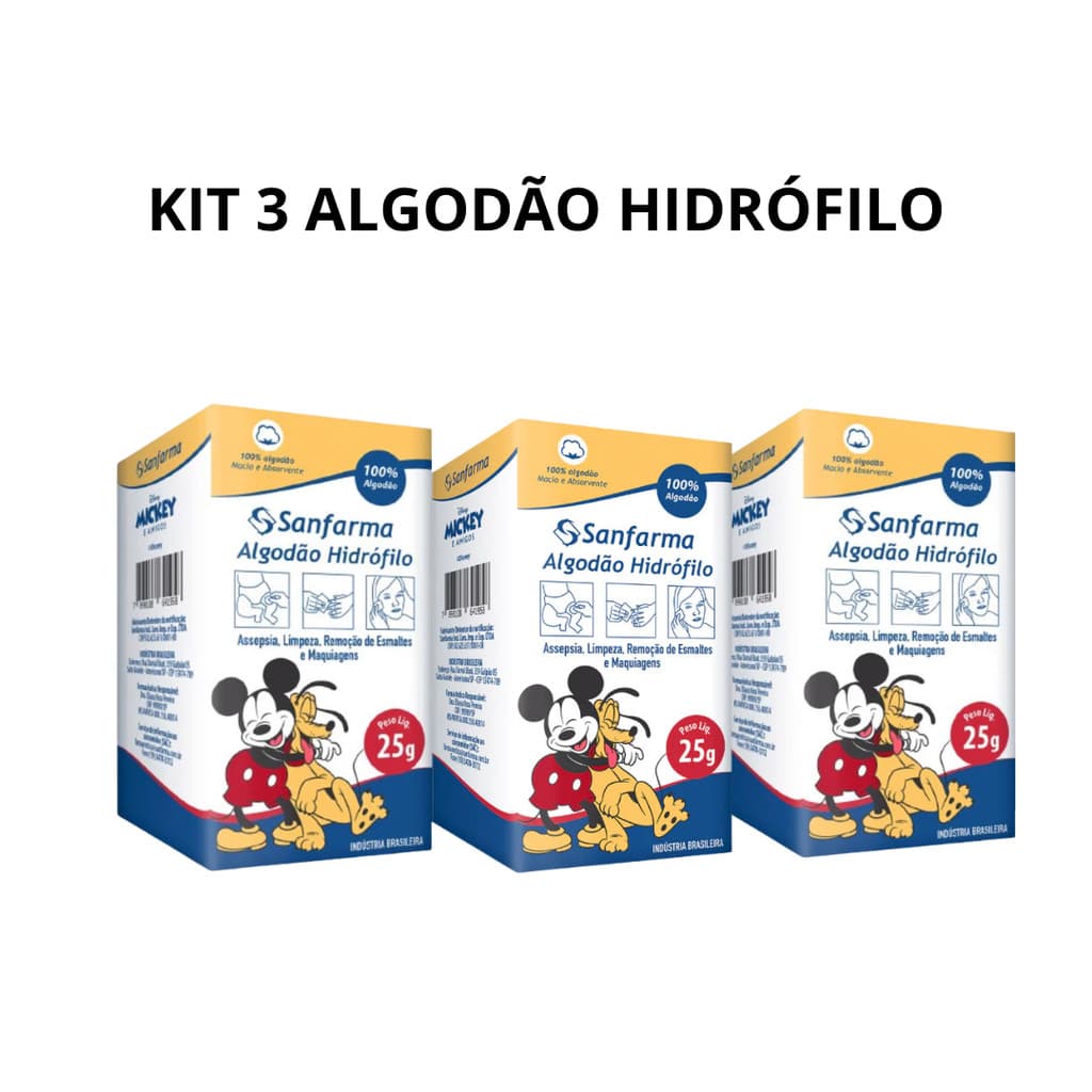 Kit 3 Algodão Hidrófilo Sanfarma Mickey 25g Infantil Macio Higiene Diária