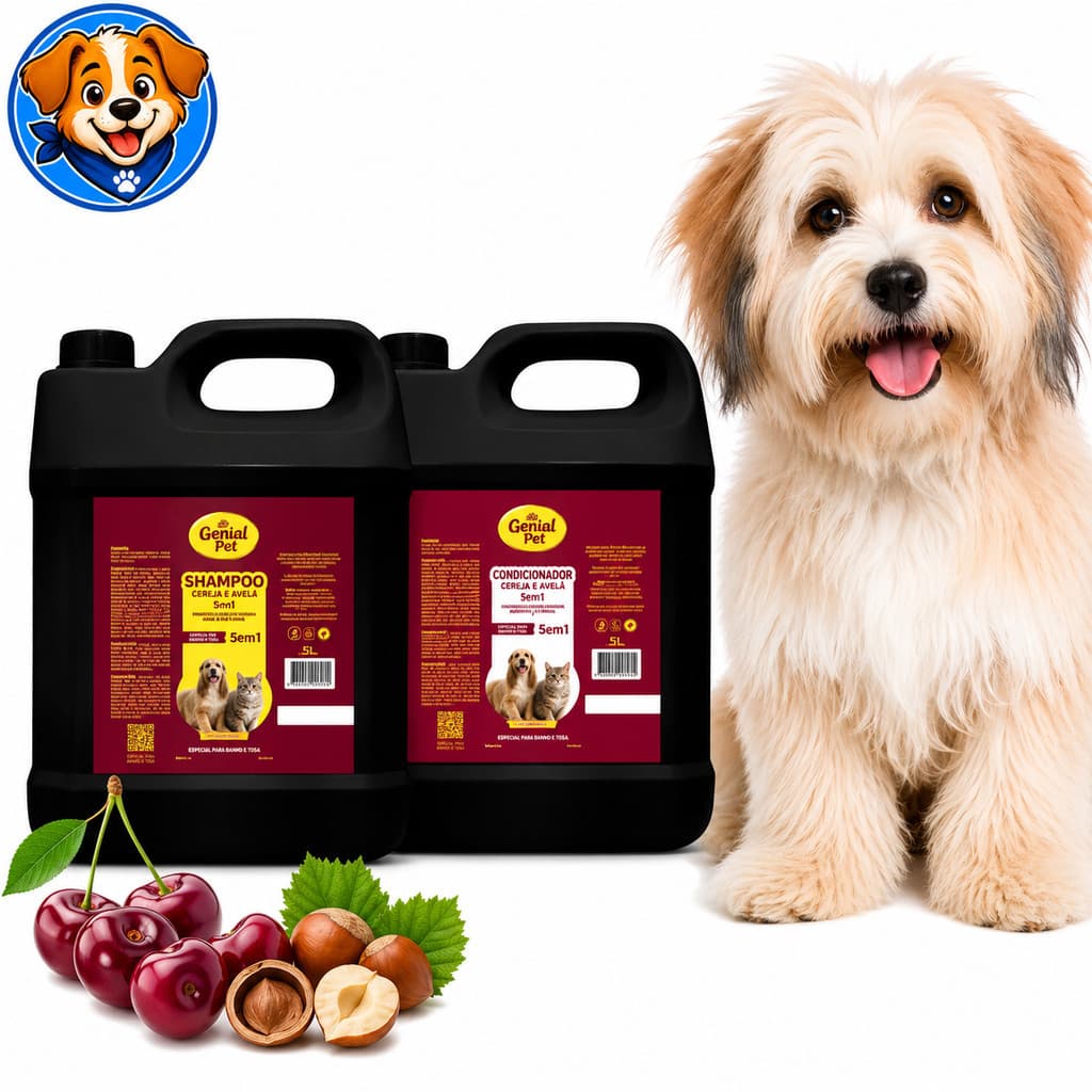 Kit Shampoo + Condicionador Pet 5L Genial Pet Cereja & Avelã | Hidratação, Brilho e Perfume Duradouro