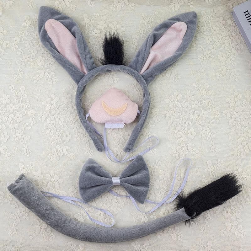 1 Conjunto De Adereços De Animais Cosplay : Orelhas , Cauda , Nariz E Gravata Borboleta . Decoração De Fantasia De Burro