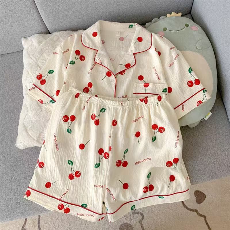 Pijama De Algodão Cereja Colud Feminino Verão Macio Pijamas Para Mulher Tiros De Manga Curta