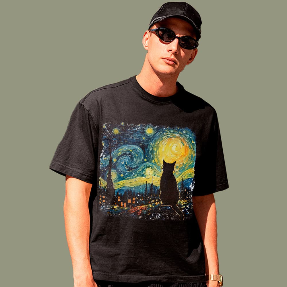 Camiseta Básica Gato Paisagem Noturna Estrelada  Artística 100% Algodão