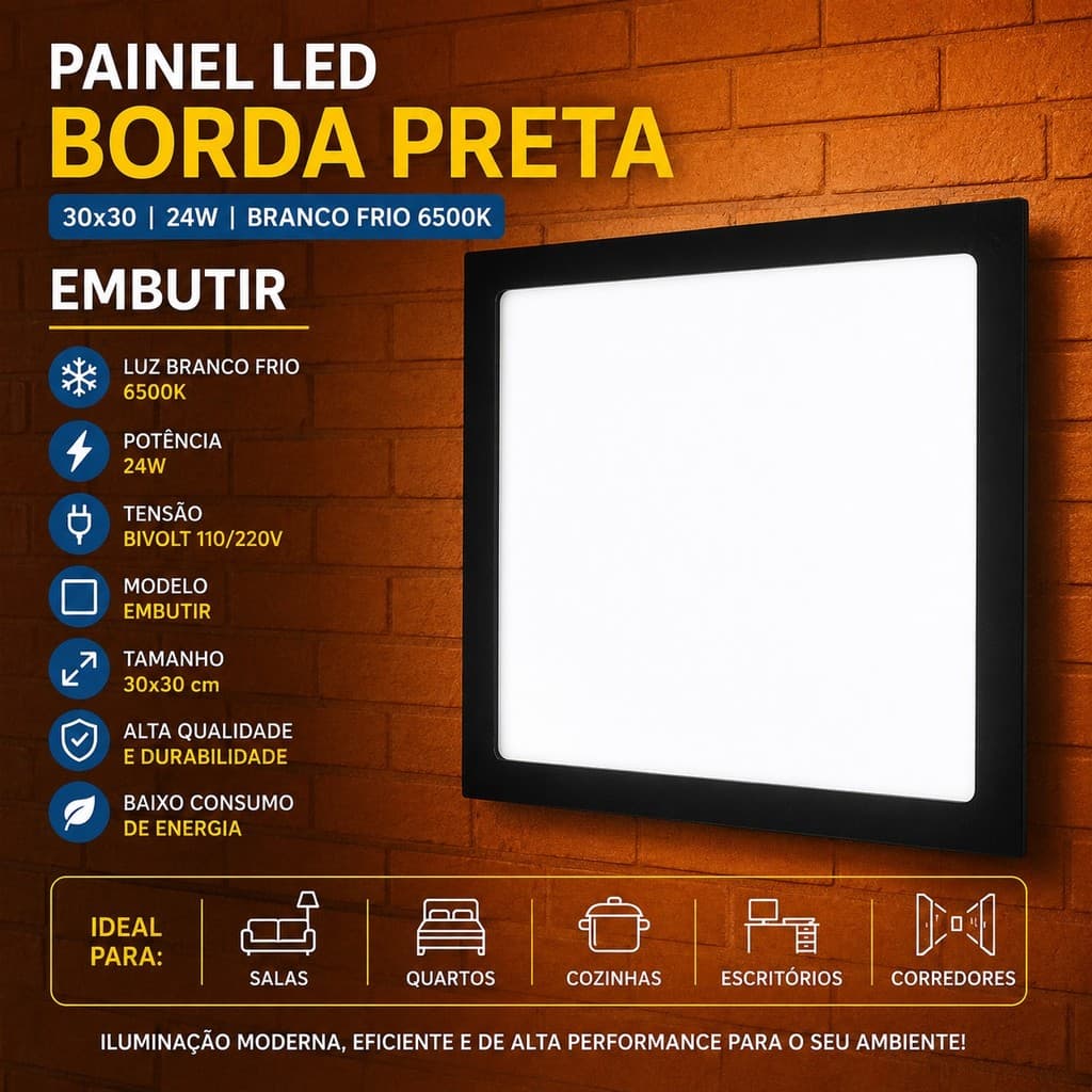 Plafon Painel Led 24w Quadrado Embutir Borda Preta 6500k Branco Frio Bivolt Avant
