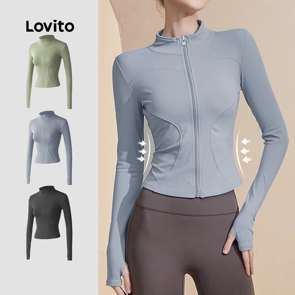 Lovito Casual Jaqueta Esportiva Suave ao Toque Elástica 4 Way Top de Yoga Ajustado Secagem Rápida Academia LNA124047