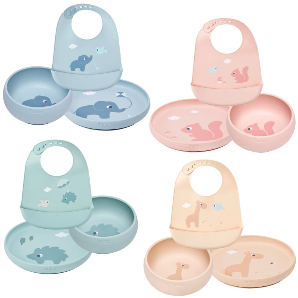 Kit Alimentação Silicone Cloudy Buba 3 Peças Prato Bowl Ventosa e Babador Pega Migalhas