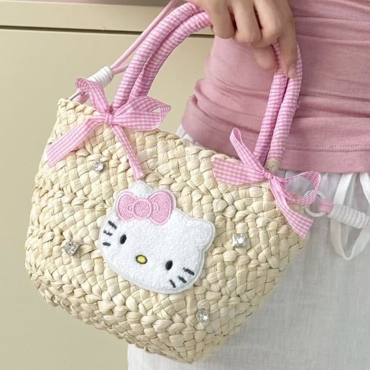 Bolsa de palha com laço estilo feminino HELLOKITTY, bolsa de praia para férias, bolsa elegante para mulheres.