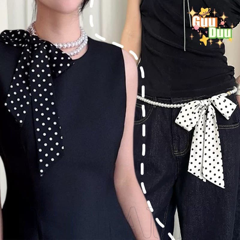 [GuuDuu] Lenço De Seda De Bolinhas – Acessórios Decorativos De Roupas Contas De Pérola Alça De Cintura Longa Ajustável E