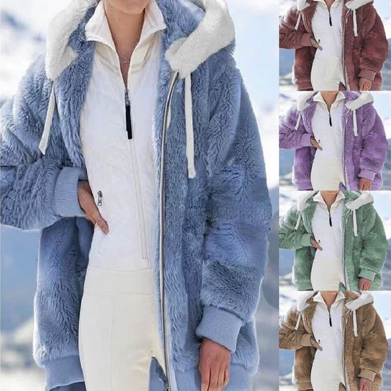 Jaqueta Felpuda Feminina De Inverno Plus Size Com Zíper E Bolso De Pele Grosso Quente Capuz
