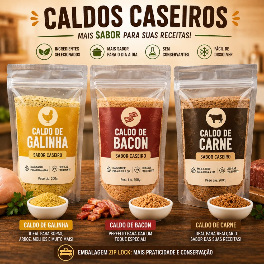 Temperos Naturais Kit Premium Caldo de Galinha+ Caldo de Bacon +Caldo de Carne  100 gr