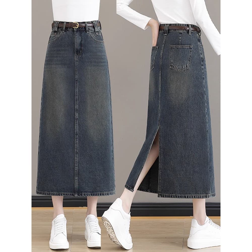 Saia jeans feminina saia de cintura alta primavera outono pequena saia longa 2025 novo estilo a linha saia forro de lã s