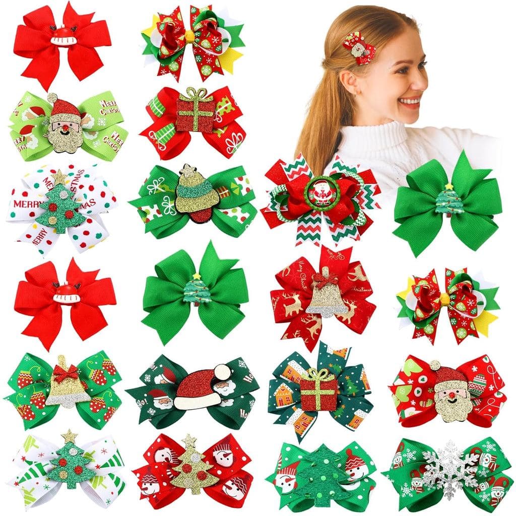 20 Peças de Presilhas de Cabelo de Natal para Mulheres, Acessórios de Cabelo de Natal em Vermelho e Verde com Laços de P