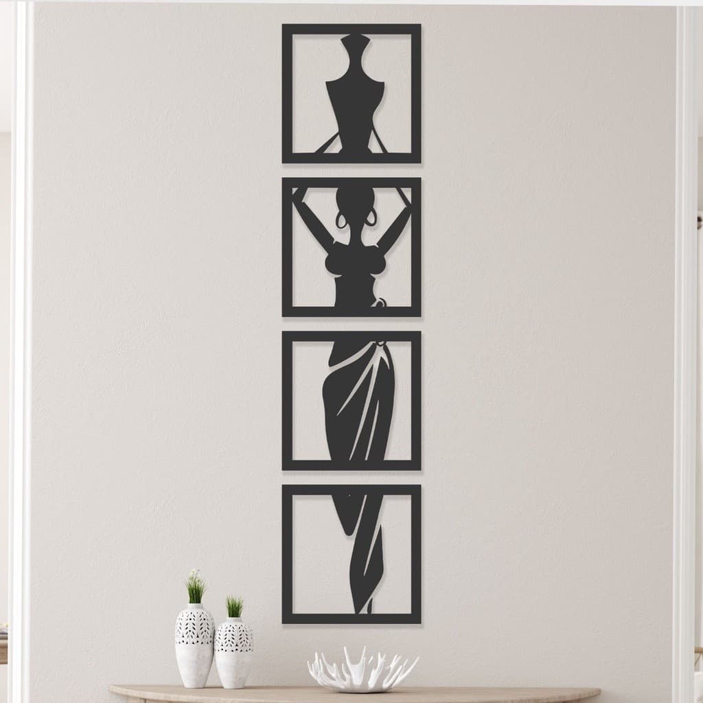 4 Quadros Decorativos Mulher com Jarro MDF Preto Fosco