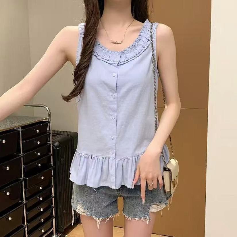 Folha de lótus renda em torno do pescoço sem mangas colete camisa feminina verão 2025 novo estilo doce camisa pequena re