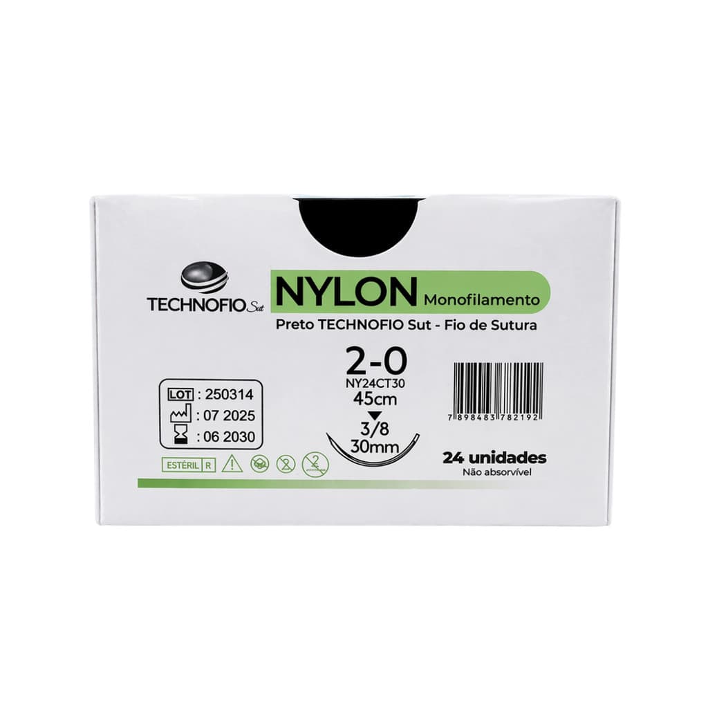 Fio de Sutura Nylon 2-0 45cm Agulha 30mm 3/8 Não Absorvível Cirurgico Estéril Technofio