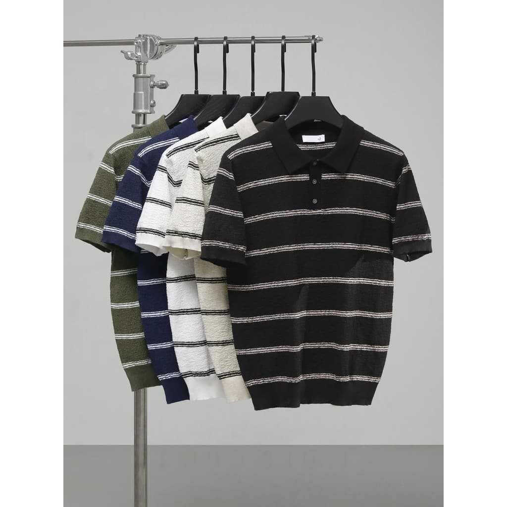 Retro contraste cor listrado camisa POLO de manga curta lapela masculina respirável malhas verão Casual fino ajuste topo