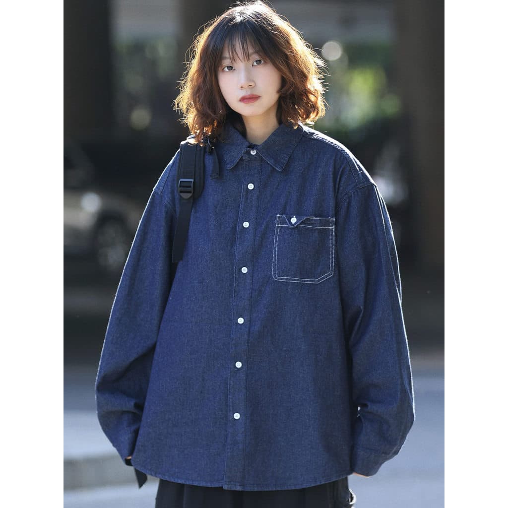 Mudo japonês Retro lavado ferramentas de manga comprida Denim camisa masculina novo estilo solto angustiado camisa jaque
