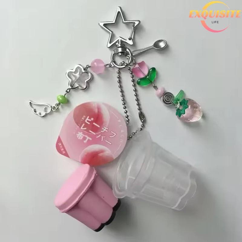 [EL-t] 1 Peça Em Forma De Amor Pudim Japonês Chaveiro Rosa Amarelo Ovo Flan Charme Y2K Retro Estético Frisado Acessório
