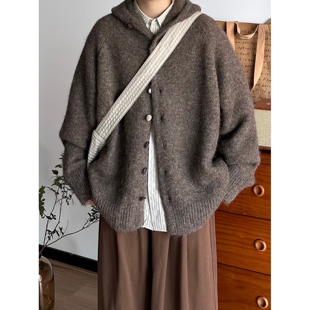 Japonês Retro outono inverno novo estilo com capuz camisola Cardigan engrossado solto estilo preguiçoso malhas jaqueta t