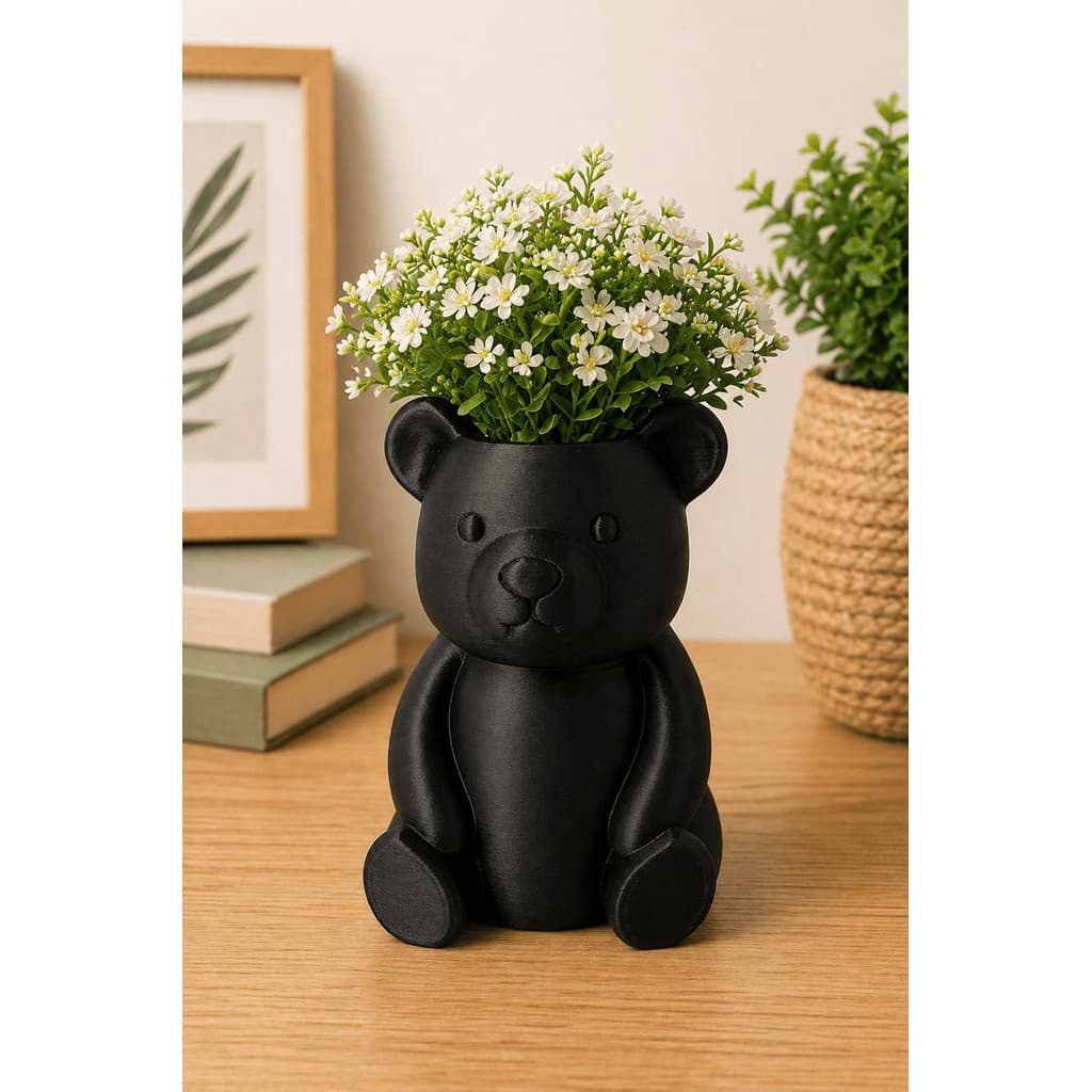 Vaso Decorativo Ursinho Preto em PLA Premium 3D – Porta Planta Suculenta ou Organizador Criativo 15cm