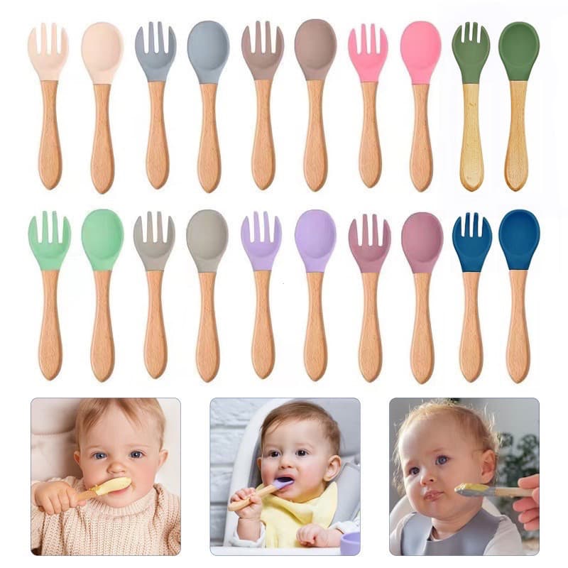 2 Pcs Conjunto De Pontas De Silicone Colher E Garfo De Treinamento De Alimentação Com Cabo De Madeira
