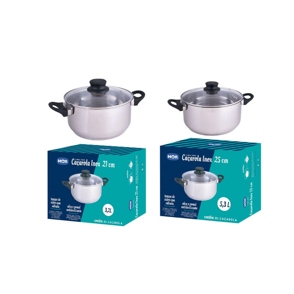 Jogo de Panelas Inox MOR – Caçarola 21 cm + Caçarola 25 cm com Tampa de Vidro e Fundo Triplo