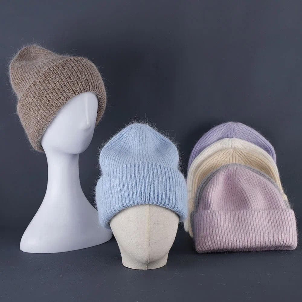 Gorros de Pele de Coelho Macios e Quentes para o Inverno para Mulheres, Gorro de Lã Angorá, Gorros Femininos, Boné de Tr