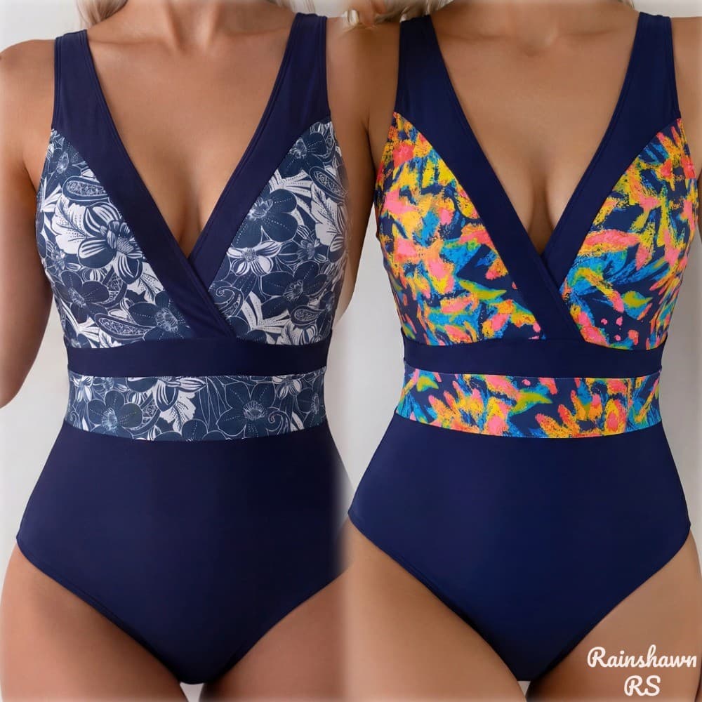 RS|Maiô de Uma Peça Profundo V Magro Impresso Biquini Cintura Alta Roupa De Praia Maio Feminino Praia Maio Plus Size Sur