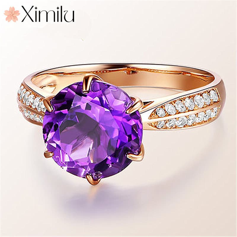 ❤ Anel romântico de luxo com 3 quilates de ametista em ouro rosa safira joias de casamento