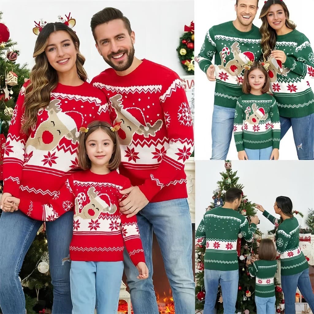 Natal pai-filho usar camisola outono inverno crianças meninas dos desenhos animados Elk Jacquard pulôver camisola de fun
